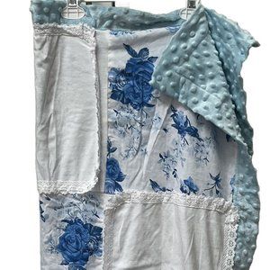 Blue Minky Boutique Baby Blanket Handmade Shabby Floral Lace Embroidered Crib